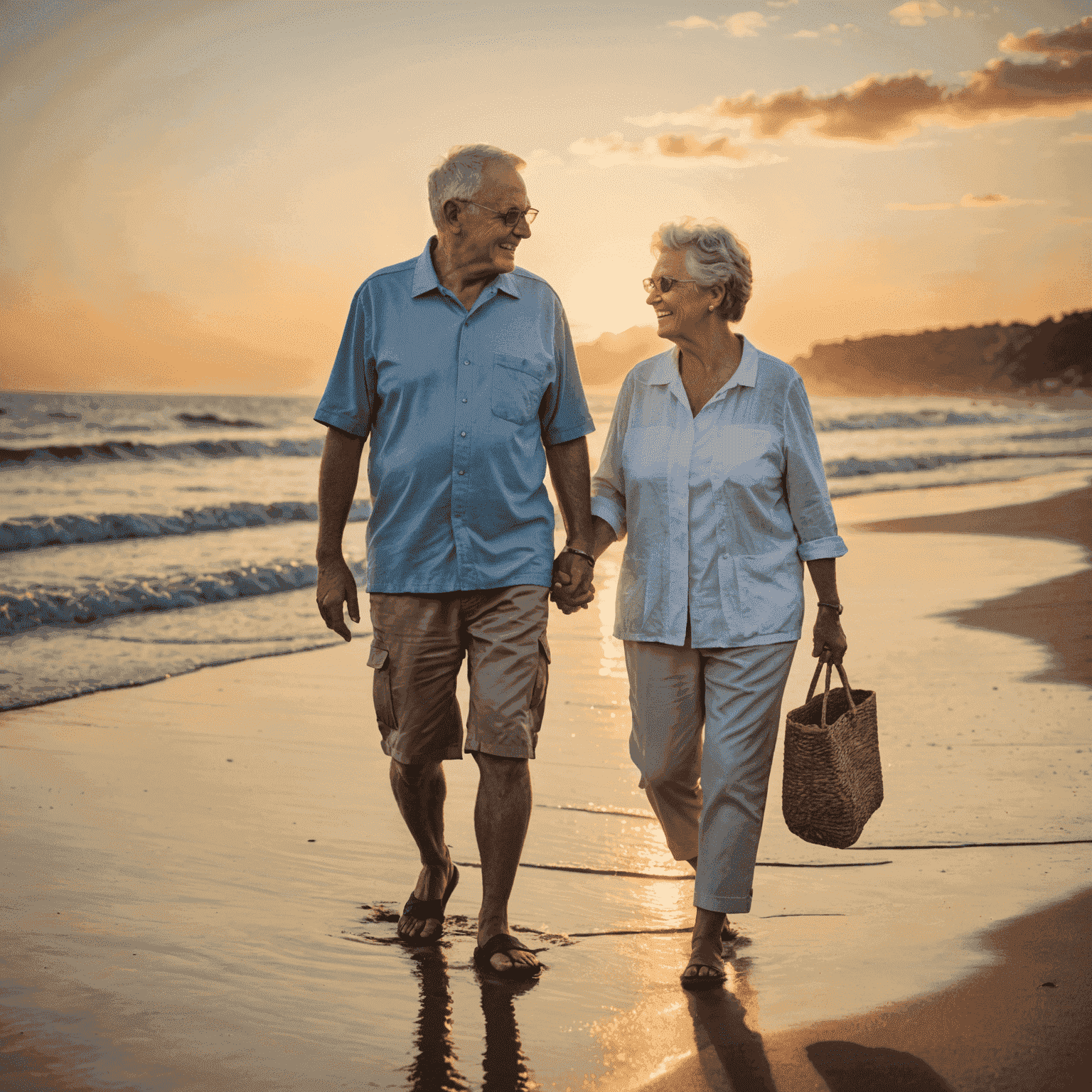 A senior couple enjoying their Financial, walking on a beach at sunset