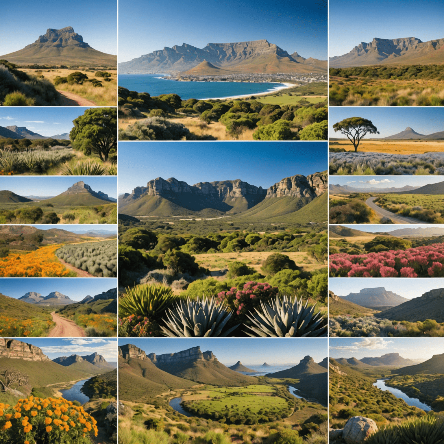 A collage of stunning South African landscapes, including Table Mountain, Kruger National Park, and the Garden Route