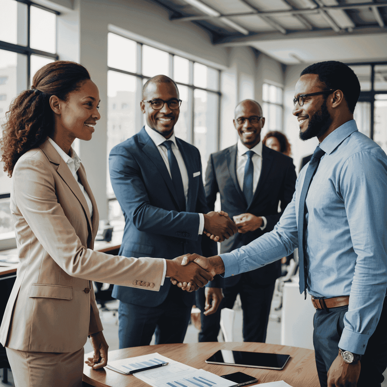 Business professionals shaking hands in a modern South African office setting, representing the importance of proper business etiquette