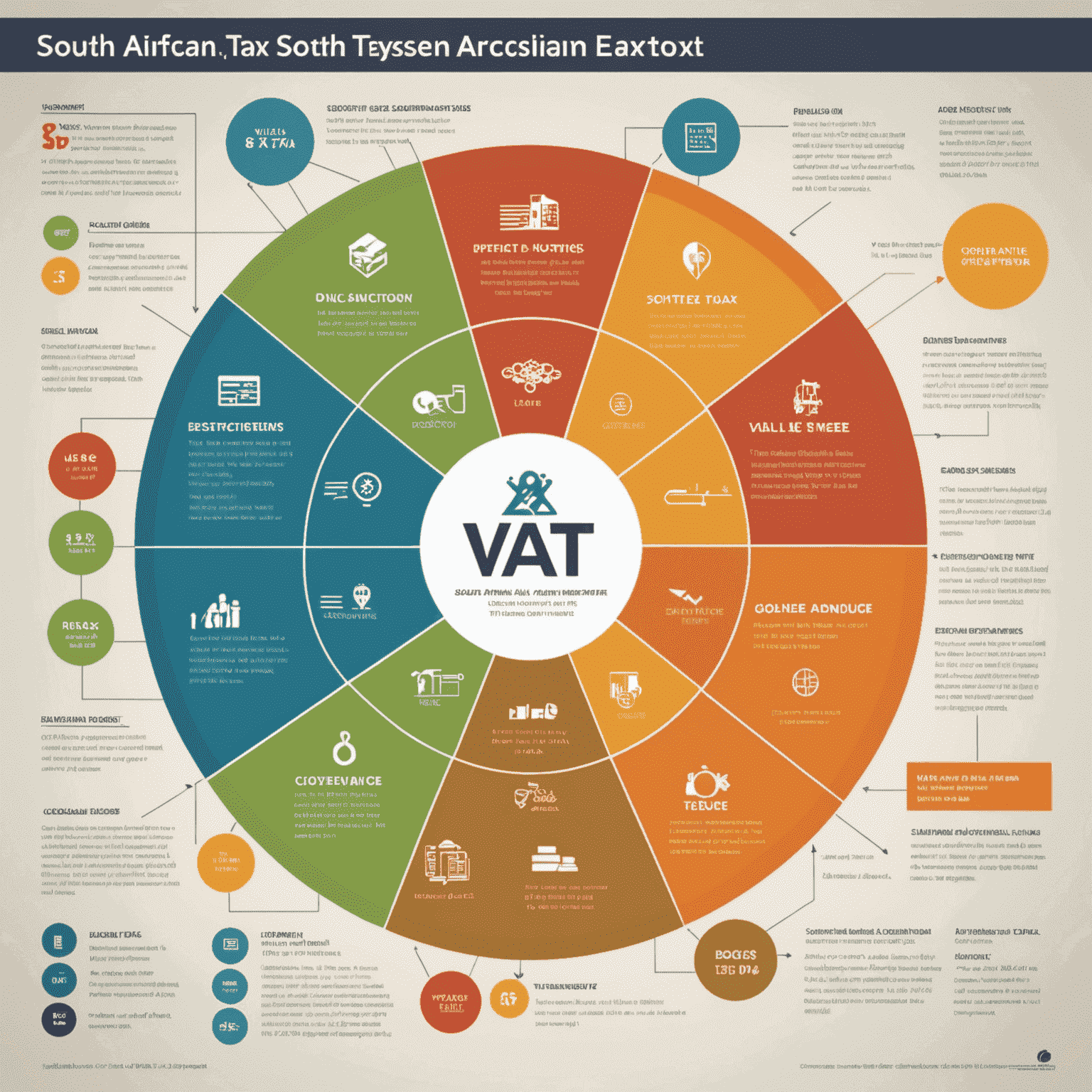 An infographic showing an overview of the South African tax system, including individual income tax, corporate tax, value-added tax (VAT), and other key tax considerations