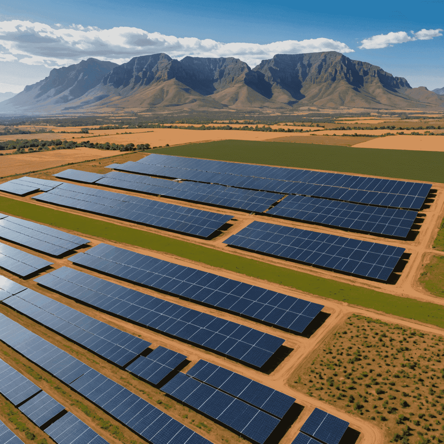 Aerial view of a large solar panel farm in a rural area of South Africa with mountains in the background