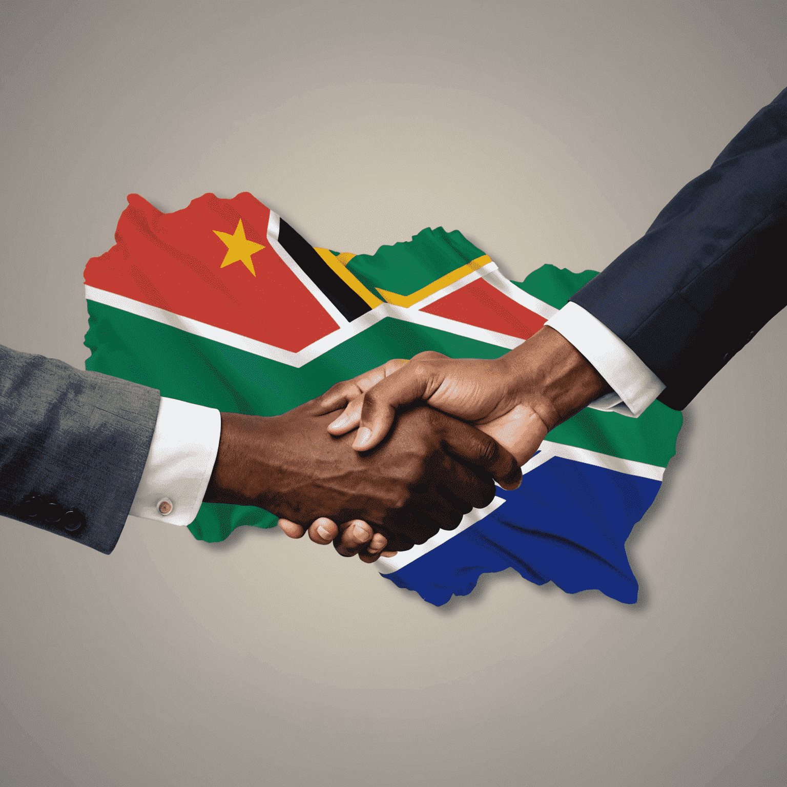 A handshake between two business professionals with a South African flag in the background