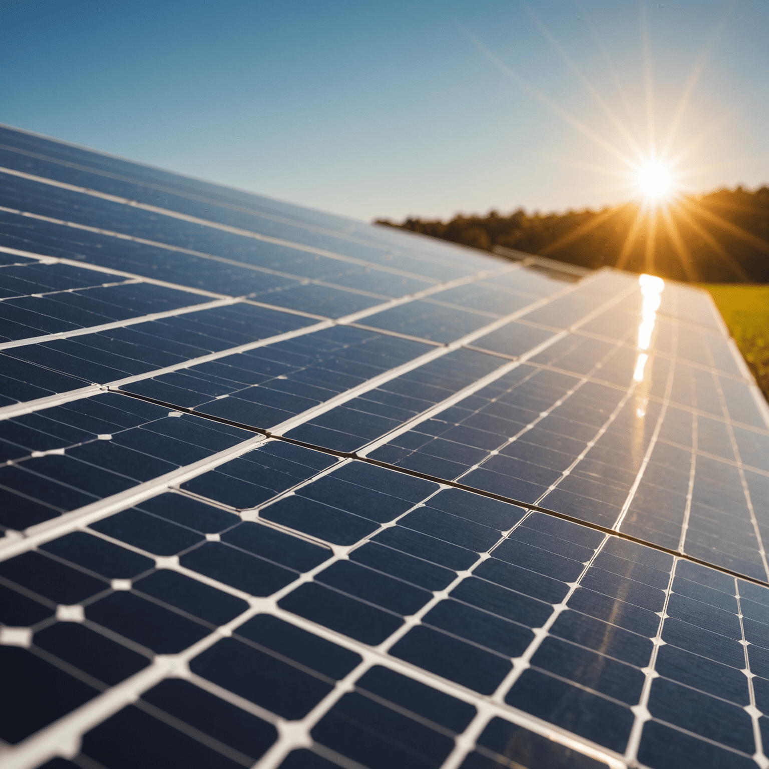 Close-up of a solar panel with the sun reflecting off its surface