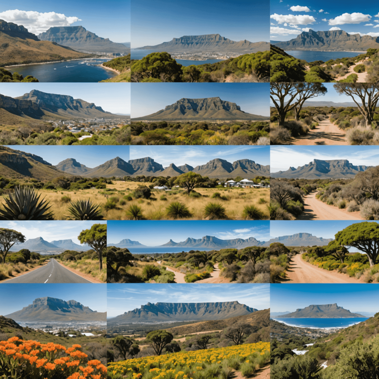 Collage of iconic South African destinations, including Table Mountain, Kruger National Park, and the Garden Route