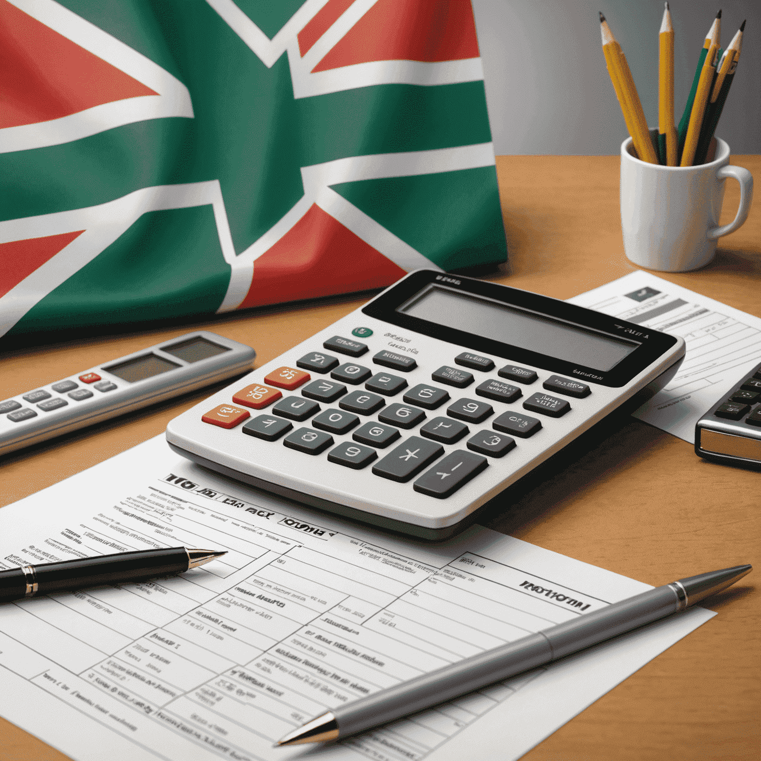 A calculator, pen, and tax forms on a desk with a South African flag