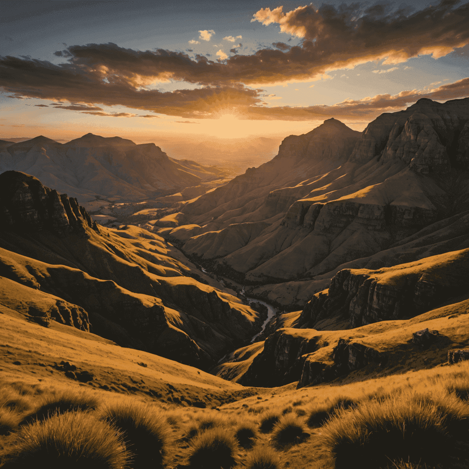 Sunset over the rugged peaks of the Drakensberg Mountains