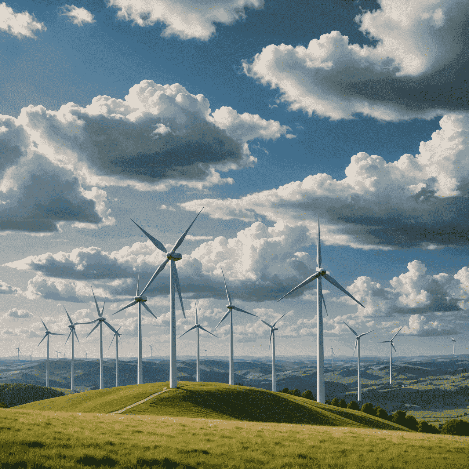 A row of wind turbines on a hilltop with clouds in the background