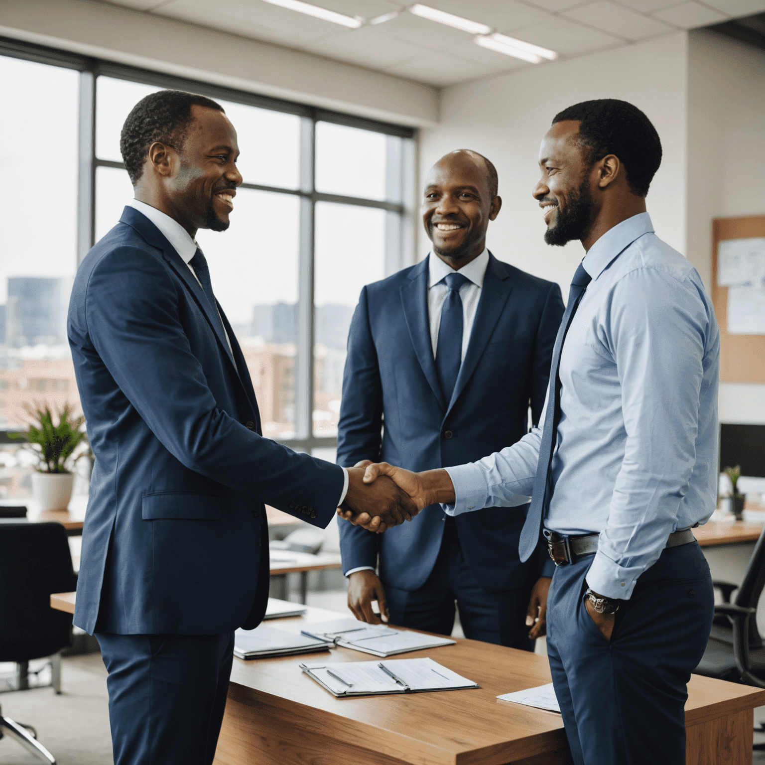 Business professionals shaking hands in a South African office setting