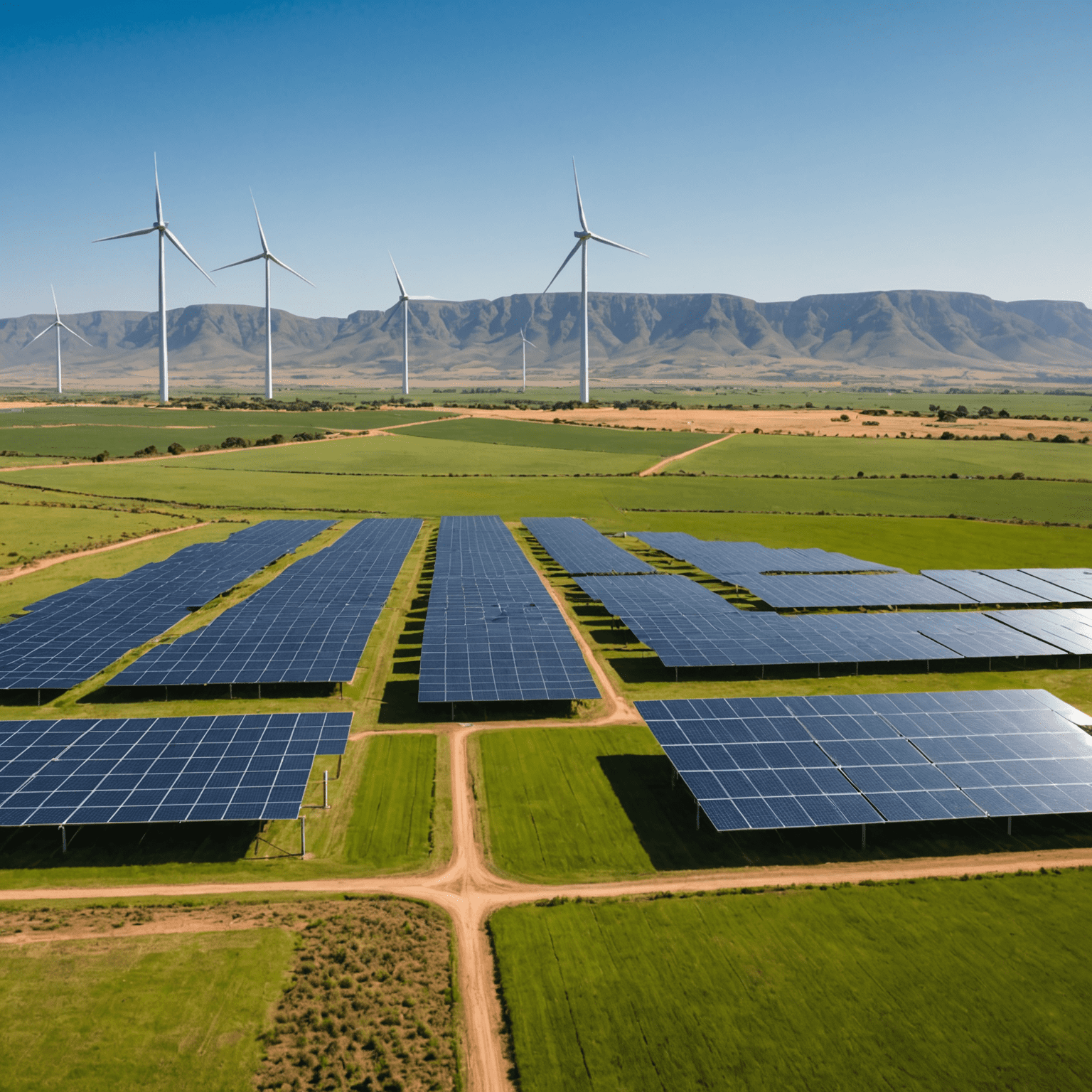 A solar panel farm and wind turbines in a South African landscape