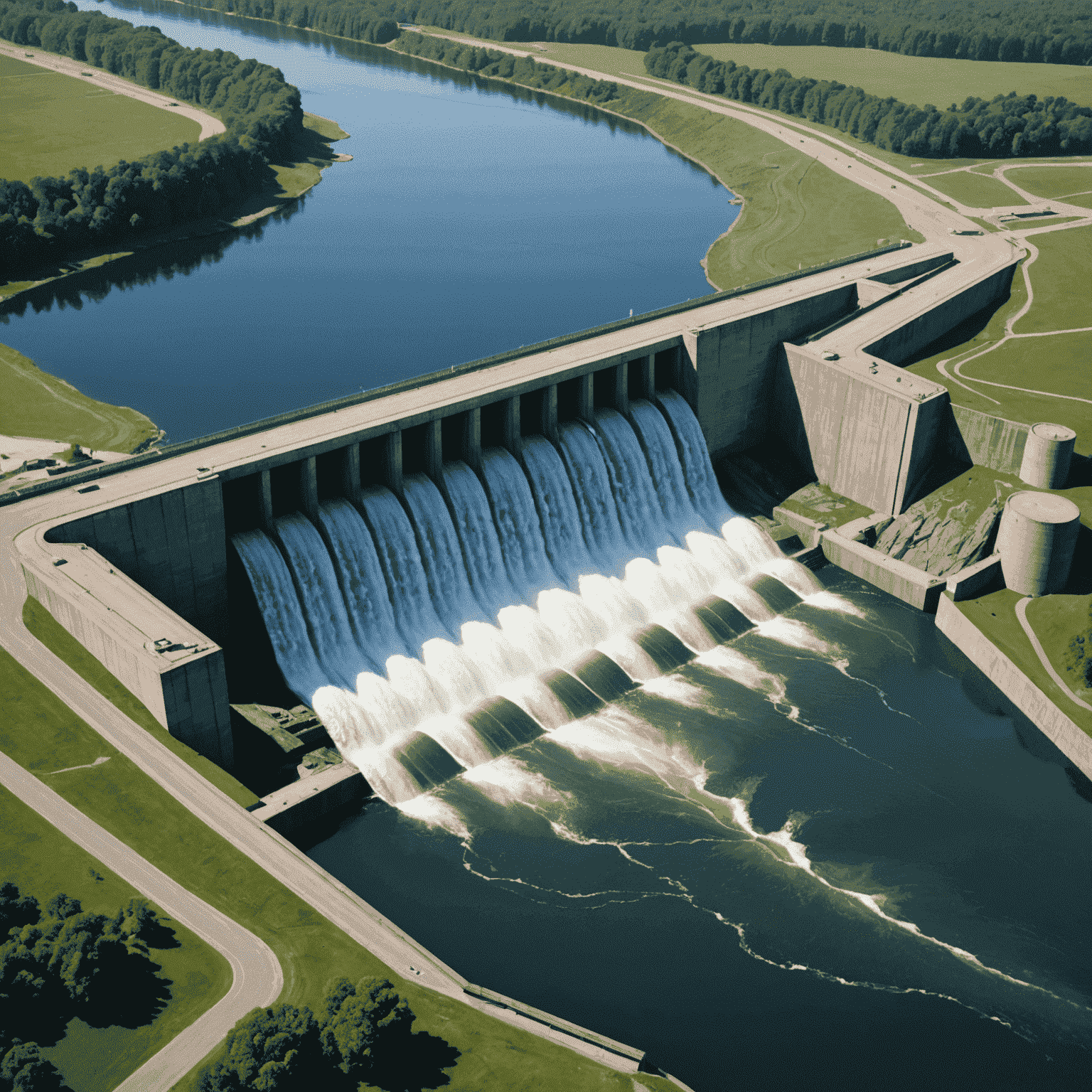 A large dam with water flowing through its spillways