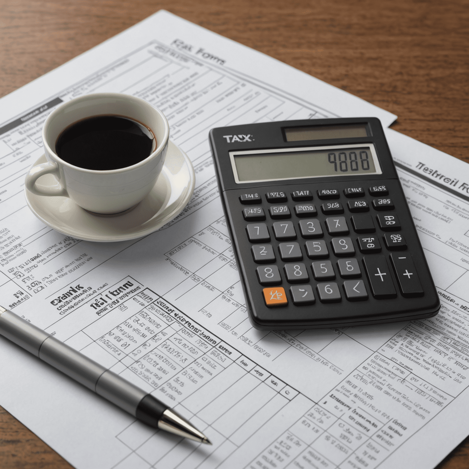 A calculator, pen, and tax forms on a desk